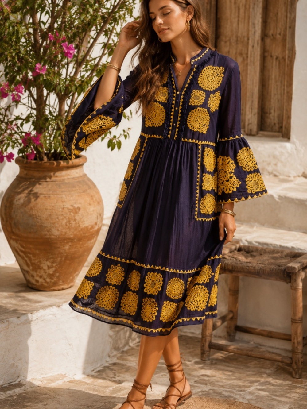 Antik Batik Toggy Navy Blue Embroidered Boho Midi Dress M